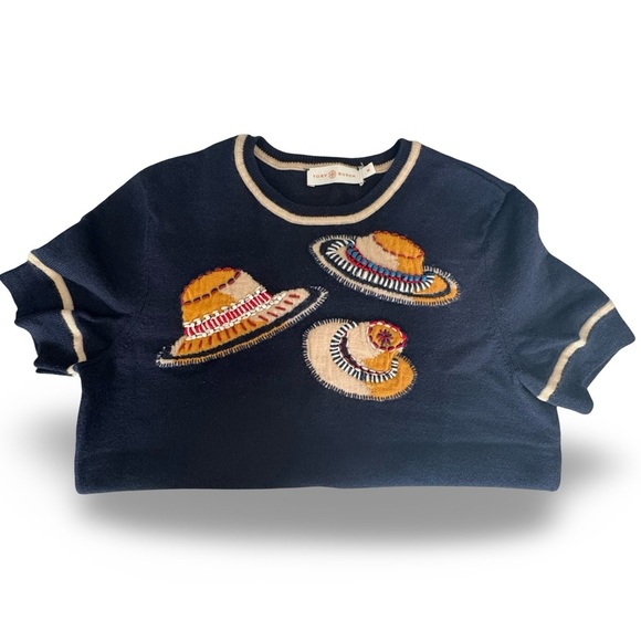 Tory Burch 100% Merino Wool Navy Hand Embroidered Beaded Sunhat Print Sweater M - Picture 6 of 16